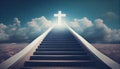 Stairs Leading To Cross Of Light At End Of Tunnel Of Clouds Royalty Free Stock Photo