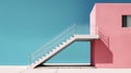 Geometric Balance: White Stairway Leading To Abstract Pink House On Blue Background Royalty Free Stock Photo