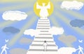 On the stairs leading to the sky, there is a figure of a god with arms raised up