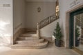 Stairs of a luxury home with marble steps, tree in a pot