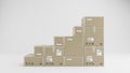 Stairs made of Cardboard Boxes For Package, Shipping and Delivery, With Signs and Labels, White Background, Frontal View