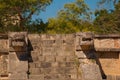 Stairs and Mayan sculpture on the corners. Ancient Mayan city. Chichen-Itza, Mexico. Yucatan