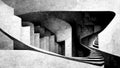 Stairs, optical illusion, impossible architecture, black and white illustration