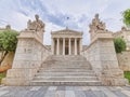 Stairs between Plato and Socrates, the ancient Greek philosophers statues in front of the national academy of Athens. Royalty Free Stock Photo