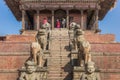 Stairs and sculptures at the Nyatapola temple on Durbar Square of Bhaktapur