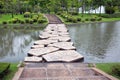 Stairs, stone walkways across the water.