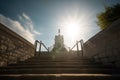 Stairs in sunlight leading up to the church. Way to God. Religious background. Light from sky Royalty Free Stock Photo