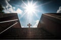 Stairs in sunlight leading up to the church. Way to God. Religious background. Light from sky