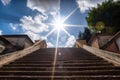 Stairs in sunlight leading up to the church. Way to God. Religious background. Light from sky Royalty Free Stock Photo