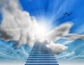 Stairs to heaven blue sky and clouds 3D illustration.