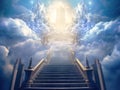 Stairs to heaven visualization. Stone stairs going up to the cloudy sky visualization. Bright light visible in clouds Royalty Free Stock Photo