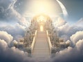 Stairs to heaven visualization. Stone stairs going up to the cloudy sky visualization. Bright light visible in clouds Royalty Free Stock Photo
