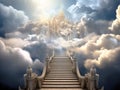 Stairs to heaven visualization. Stone stairs going up to the cloudy sky visualization. Bright light visible in clouds Royalty Free Stock Photo