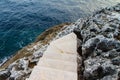 Stairs to the Mediterranean, rocky shore side view. Mallorca, Spain