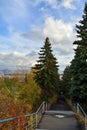 Stairs to the river with tall fir trees and colorful bushes. Beautiful autumn scene in the park Royalty Free Stock Photo