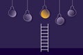 Stairs up to idea bulb on dark purple background. Concept for bright idea and insight. Business creativity and inspiration. Royalty Free Stock Photo