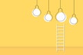 Stairs up to idea bulb on yellow background. Concept for bright idea and insight. Business creativity and inspiration. Royalty Free Stock Photo