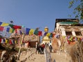Stairs way for nepali people and foreign traveler walking up to Swayambhunath pagoda or Swayambu or Swoyambhu or Monkey Temple