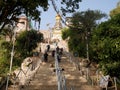 Stairs way for nepali people and foreign traveler walking up to Swayambhunath pagoda or Swayambu or Swoyambhu or Monkey Temple