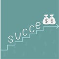 Stairs word success and money bags with dollar sign.