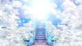 Stairway through clouds leading to heavenly light. Rendering 3D