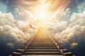 Stairway through the clouds to the heavenly light. Staircase leading to heaven Royalty Free Stock Photo