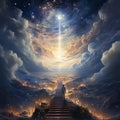 Stairway through the clouds to the heavenly light