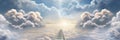 Stairway through the clouds to the heavenly light. Stairway to heaven. Banner. Copyspace. Generative AI