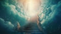 a stairway leading to a bright light in the sky with clouds and stars on it and a stairway leading up to the sky with clouds and Royalty Free Stock Photo