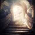 Stairway leading to an open door with clouds in the background. Generative AI Royalty Free Stock Photo