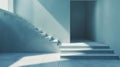 A stairway leading to a room with white walls and blue floor, AI