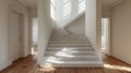 A stairway leading to a room with white walls and wood floors, AI
