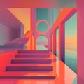 A stairway leading to a room with windows and water, AI