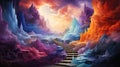Stairway leading to a sky filled with colourful clouds, fantasy art. Generative AI Royalty Free Stock Photo
