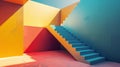 A stairway leading up to a room with bright colors, AI