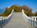 Stairway with lion sculptures along the bridge at qingxi reservoir