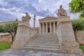 Plato and Socrates marble statues, Greek philosophers in front of the national university neoclassical buliding