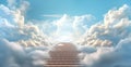 Stairway podium leading to the heavenly sky towards the glowing end clouds skies landscape. Christian religious