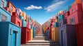 A stairway street leading to a building with many colorful doors, AI