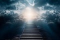 Stairway to Heaven with bright white light on the top. Life after death concept. Generative AI. Royalty Free Stock Photo