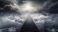 Stairway to heaven concept. Stairs leading up through the clouds to a bright light in the sky Royalty Free Stock Photo