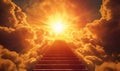 Stairway to heaven illuminated by radiant sun amidst dramatic clouds Royalty Free Stock Photo