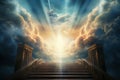 Stairway to heaven with light rays and clouds. 3D rendering Ai generative Royalty Free Stock Photo