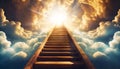 Stairway to Heaven - Empty Wooden Stair Steps Along Clouds in Sky - Generative Ai Royalty Free Stock Photo