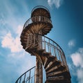 Stairway to Heaven. A spiral antique metal staircase goes high up into sky