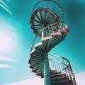 Stairway to Heaven. A spiral spiral antique metal staircase goes high up into sky