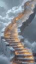 Stairway to Heaven. Stairs extending into the sky with clouds and a bright light against a white background. Religion background
