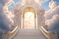 Stairway to Heaven. Stairs in sky. Concept with sun and white clouds. Concept Religion background Royalty Free Stock Photo
