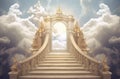 Stairway to Heaven. Stairs in sky. Concept with sun and white clouds. Concept Religion background Royalty Free Stock Photo