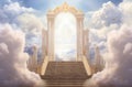 Stairway to Heaven. Stairs in sky. Concept with sun and white clouds. Concept Religion background Royalty Free Stock Photo